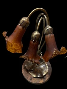 Vtg Lily Pad 3 Light Amber Frosted Shades 17” Tall Table Lamp r Switch Art Deco - Picture 1 of 8