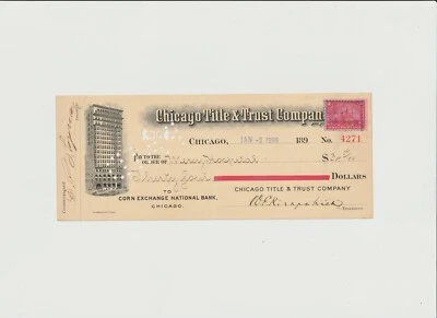 Chicago Title & Trust Co Bank Check to Mercy Hospital revenue stamp Illinois IL - Image 1 of 4
