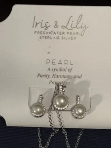 IRIS & LILY freshwater pearl/ CZ set of sterling silver earrings & 18" necklace - Picture 1 of 7