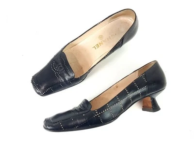 Chanel Black Leather Perforated CC Logo Square Toe Kitten Heel Pumps Size 36 - Image 1 of 4