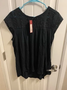 NWT Merona L Blouse Black Top Large Shirt Lace Neckline Sleeve Lg - Picture 1 of 10