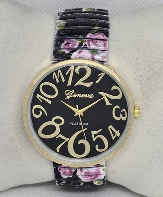 Women's Geneva Platinum Round Gold Tone Metal Floral Stretch Band Watch 13 - Image 1 of 4