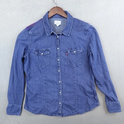 Levis Denim Shirt Women XL Plaid Yoke Pearl Snap Western Cowgirl Stretch - Image 1 of 4