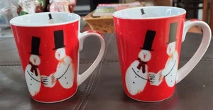 PPD Coffee/Tea Mugs Set Of 2 Christmas Snowman Porcelain - Picture 1 of 7