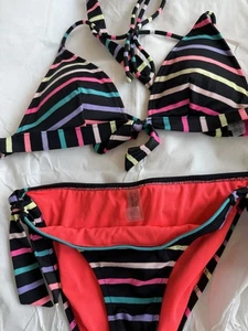 Victoria's Secret Bandeau Swimsuit Bikini Black w/Multi-Color Stripes Size S - Picture 1 of 7