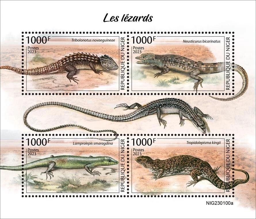 Estampillas Lagartos Ojos Blancos Cocodrilo Skink Esmeralda Árbol Skink MNH 2023 Níger M/S Foto 1 de 1