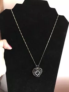 14K Rose Gold Double Heart Black & White Zircon Pendant - Picture 1 of 10