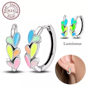 KUNSIR 925 Sterling Silver Glowing Colorful Heart Huggie Hoop Earrings For Women - Picture 1 of 6
