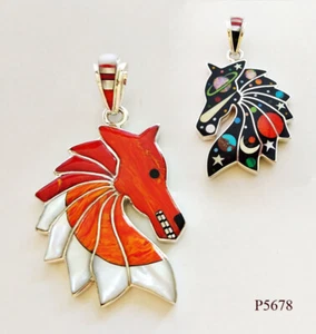 AMAZING TURQUOISE COMET SUN MOON OPAL STARS INLAY .925 SILVER HORSE HEAD PENDANT - Picture 1 of 4