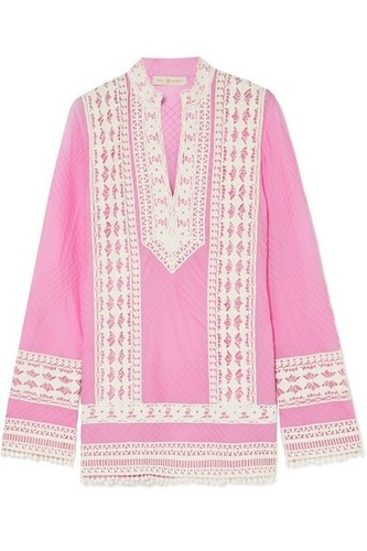 Tunica Tory Burch Rachel 6 Top Ricamata Finitura Uncinetto Resort Magnolia Rosa