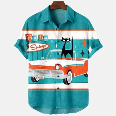 Camisa Hawaiana Mid-Century Cool Car Cat Palm Springs Botón Manga Corta Camisa Foto 1 de 2