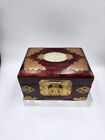 Vintage/antique Wood/timber Jewellery Box Brass Fittings Carved Jade Inlay