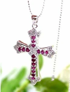 1.30 Ct Round Cut Lab-Created Ruby & Diamond Cross Pendant 14K White Gold Finish - Picture 1 of 3