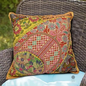 CUSHION COVER PATCH WORK HAND EMBROIDERED SIZE 16" X 16" USA SELLER - Picture 1 of 15