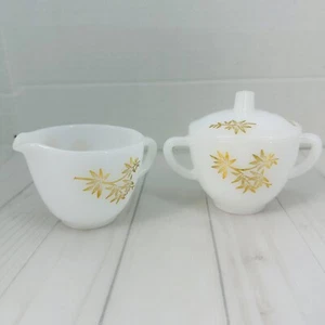 Federal Glass White Milk Glass Golden Glory Bamboo Creamer and Lidded Sugar Bowl - Picture 1 of 23