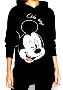New Womens Disney Mickey Mouse Oh Boy Longline Hoody Jumper Blsck Size M L XL - Picture 1 of 4