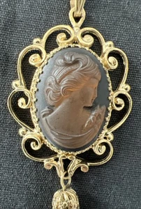 WHITING & DAVIS Kamee Anhänger Halskette Schmuck Glas Stein VINTAGE Bernstein schwarz - Bild 1 von 7