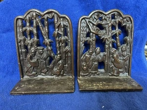 OMC JAPAN CAST IRON BOOKENDS OF 7 IMMORTALS IN BAMBOO FOREST - Picture 1 of 8