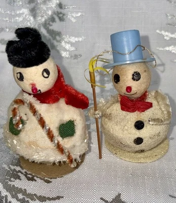 2 adornos de muñeco de nieve Putz mica hilado algodón sombrero de copa chenilla bastón de caramelo Japón de colección Foto 1 de 4