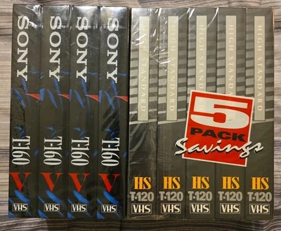 Лот из 9 новых видеокассет 4 T-160 и 5 T-120 Sony и радио Shack - новый/запечатанный  - Изображение 1 из 3