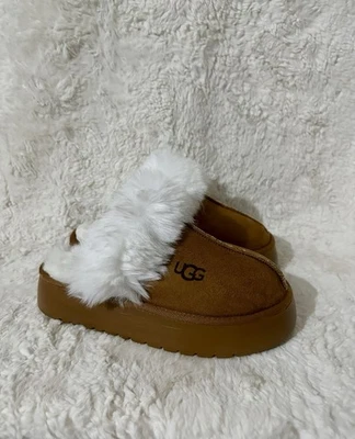 UGG Australia Chestnut Cozy Suede Slippers with Plush White Fur – Size 4 - Image 1 of 4