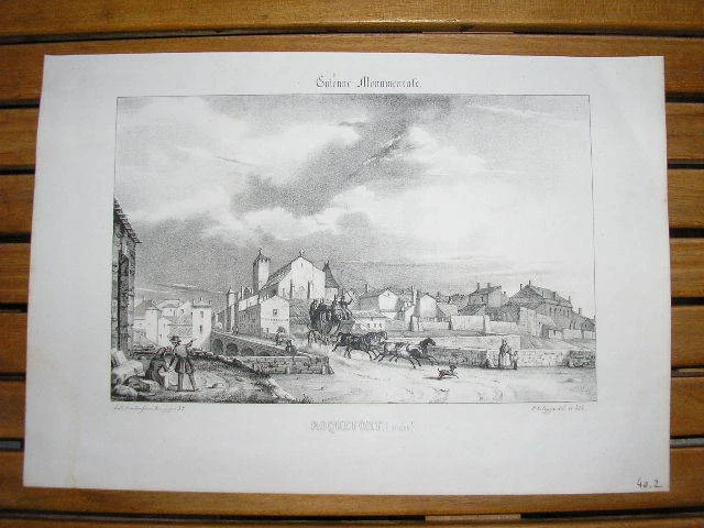 Gravure lithographie n/b XIXe Guienne monumentale ROQUEFORT rue carrosse Landes  - Photo 1/1