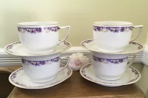 Antique c1880 Made in Germany Zeh Scherzer 4 Flat Cups & Saucers Purple Floral - Picture 1 of 20