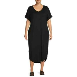 Terra & Sky Damen Midi V-Ausschnitt Schwarz Strick T-Shirt Kleid Kurzarm 0X - Bild 1 von 8