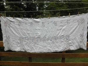 Ecru Leinen Tischdecke Kreuzstich Blumen Pastellfarben 67x82 - Bild 1 von 4