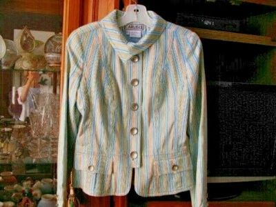 Carlisle Striped Silk L. S. Jacket Blazer Lined Blue Green Ivory Yellow Size 6 - Image 1 of 4