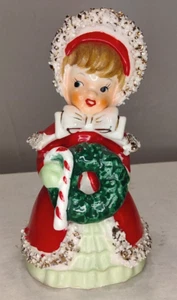 Vintage Lefton Christmas Woman Holding Wreath & Candy Cane Bell - Picture 1 of 11