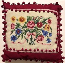 Fluff Ball Fun needlepoint inset pillow hand made decorated with deep red cloth