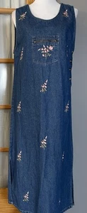 80s Handmade Jean Maxi Dress Sz L Floral Embroidery Buttons Boho Classic Country - Picture 1 of 12