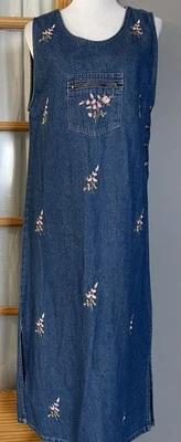 80s Handmade Jean Maxi Dress Sz L Floral Embroidery Buttons Boho Classic Country - Image 1 of 4