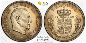 DINAMARCA 1960 5 CORONAS GRADUACIÓN PROFESIONAL MS62 ¡ESCASO EN ALTAS CALIFICACIONES! ¡CON TONIFICACIÓN! - Imagen 1 de 4