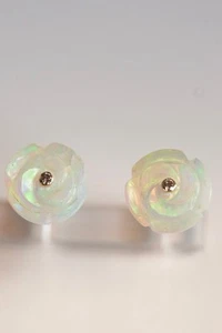 Hand-Carved Opal Rose and Diamond Earring in 18K Yellow Gold - Picture 1 of 3