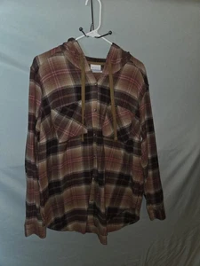 Columbia Damen XL Top Shirt Erwachsene braun/rosa kariert Knopfleiste Kapuze Langarm  - Bild 1 von 9