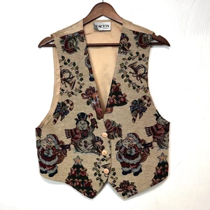 Gilet arazzo natalizio vintage anni 90 sfaccettature bottoni Babbo Natale vacanze donna 19,5x23 - Foto 1 di 5