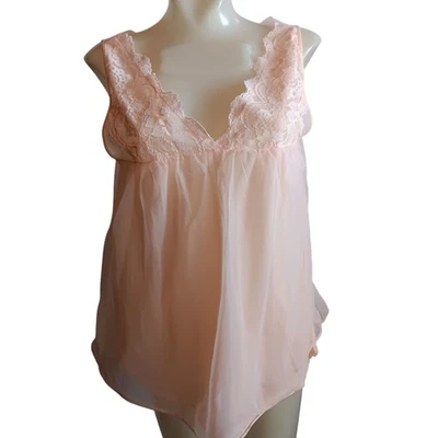 Top babydoll mediano vintage años 70 de encaje melocotón transparente sin mangas para mujer Foto 1 de 4