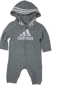 Adidas Baby Boys 9 Months Gray Knit Hooded Zip Front Logo Romper - Picture 1 of 7
