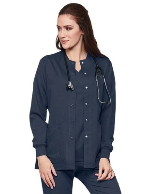 Soft Warmup Scrub Jacket Nurse Medical Uniform Round Neck Cardigan Navy Size L - Image 1 of 3