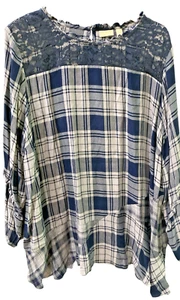 LOGO Lavish Lori Goldstein Woven Plaid Blouse Tunic Lace Detail Size 3X Boho - Picture 1 of 8
