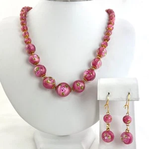 Vintage Murano rosa Blumen Lampwork Glasperlen Halskette & Ohrringe ummantelte Blumen - Bild 1 von 10