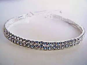 Two Row Rhinestone Silver Tone Stretch Choker Necklace Prom Wedding New with Tag - Picture 1 of 1