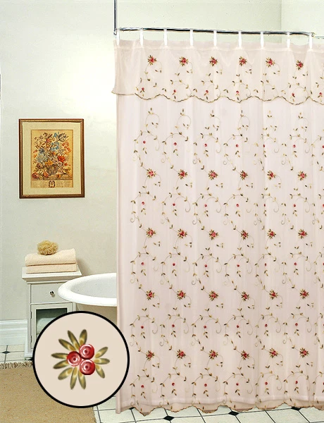 Creative Linens Embroidered Lace Rose Shower Curtain with Attached Valance Beige - Image 1 of 2