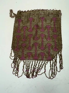 Antique Edwardian 1910-20s Gold & Pink MICRO Glass BEAD PURSE Bag FLAPPER - Picture 1 of 6