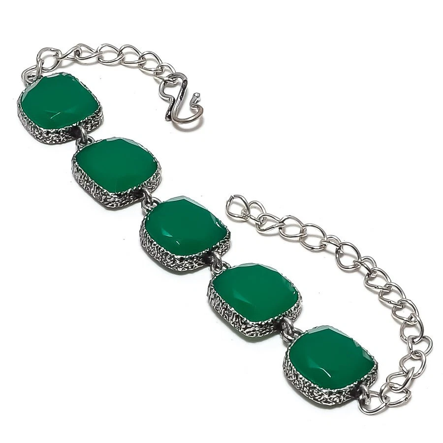 Brazalete de joyería enchapado en plata con piedras preciosas de ónix verde 7-8" Foto 1 de 1