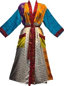 Nwt FUNKY STUFF boho patch belted vintage silk TOP DUSTER CARDIGAN XL Free shipp - Picture 1 of 7