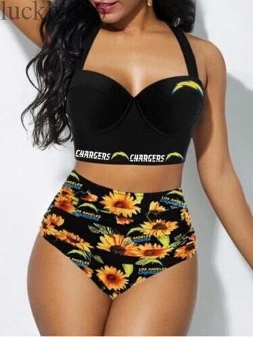 Los Angeles Chargers Women's 2PCS Bikini Push Up Swimsuit Beach Halter Swimwear Cover