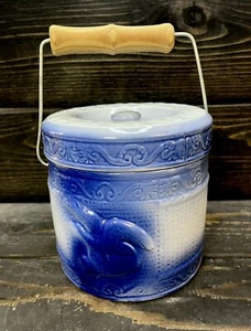 Victoria Ware Blue & White Ironstone Butter Crock w/Lid with Wire & Wood Handle - Picture 1 of 10